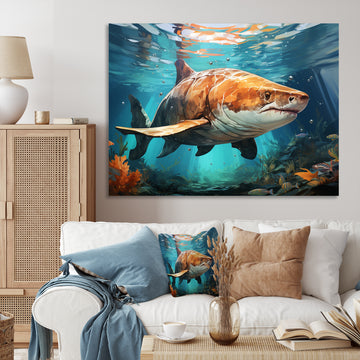 Grey Teal Shark Underwater Symphony - Marine Animals Wall Decor